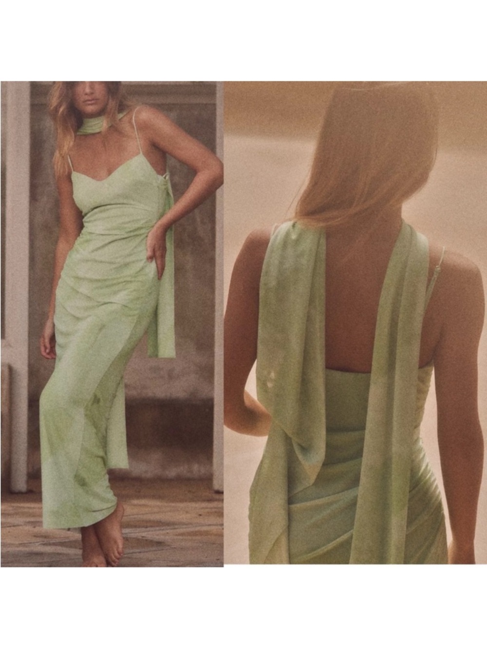 Zara NWT green tie dye tulle mesh ruched, attached scarf midi occasion dress